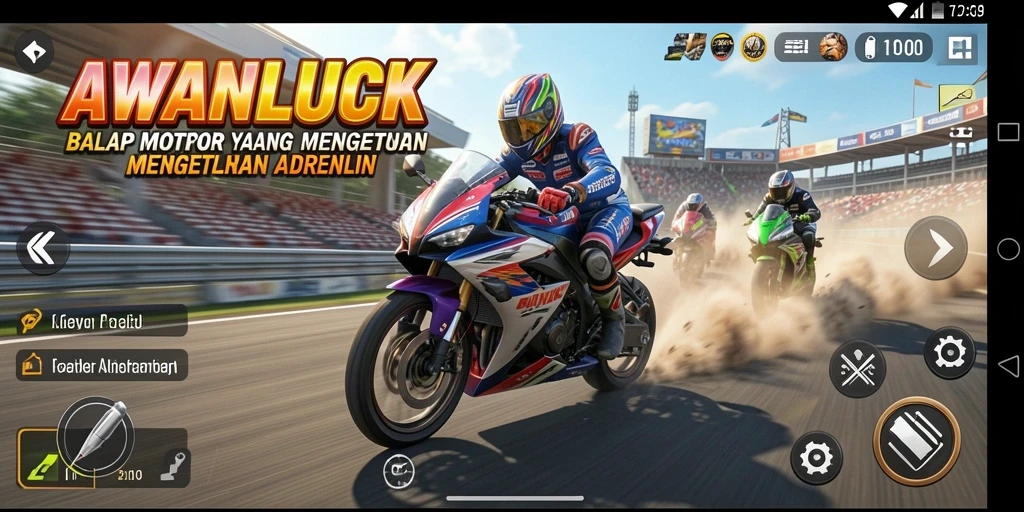 Gameplay seru AWANLUCK dengan aksi balapan motor yang mendebarkan.