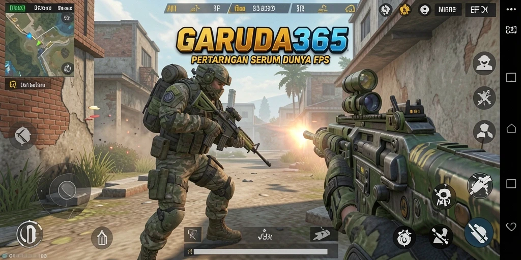 Screenshot GARUDA365 menunjukkan aksi intens dalam gameplay FPS yang mendebarkan.