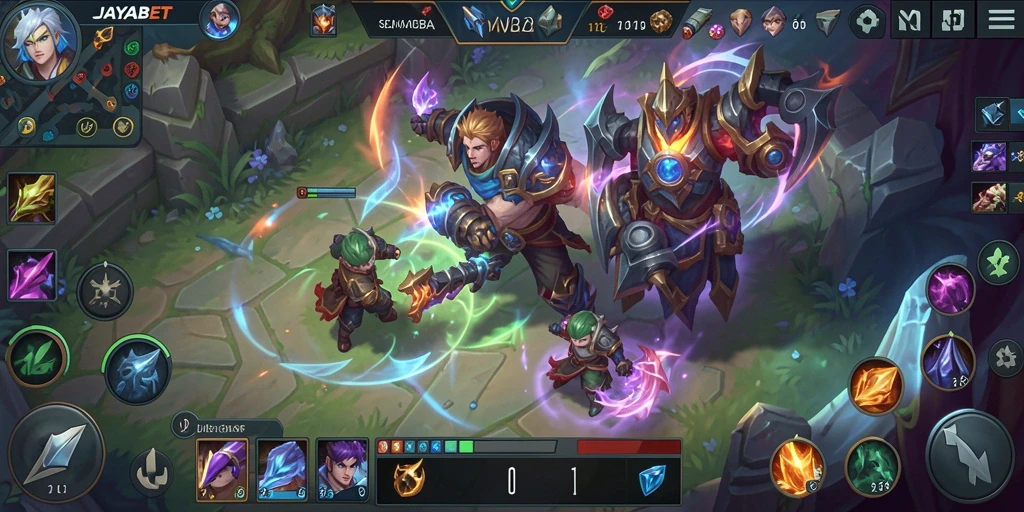 Screenshot gameplay JAYABET yang menunjukkan pertempuran intens MOBA.