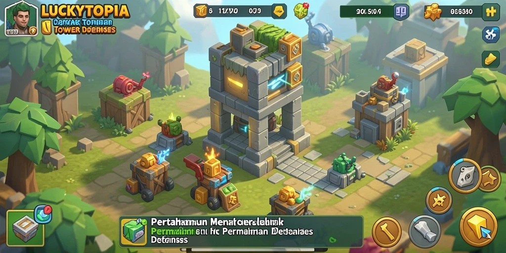 Screenshot gameplay LUCKYTOPIA menampilkan pertahanan tower yang kokoh.