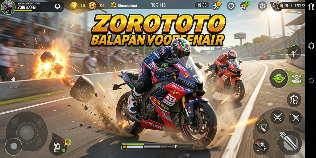Tangkapan layar gameplay ZOROTOTO menampilkan balapan motor yang mendebarkan.